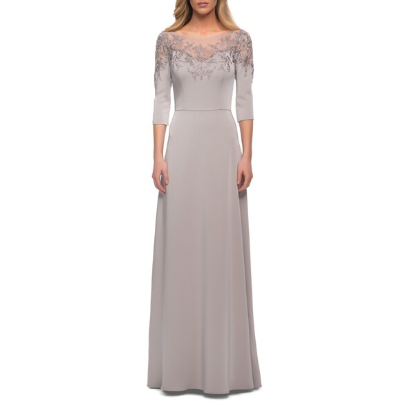 La Femme Embroidered Illusion Neck Gown Size 18 Silver Gray Dress NWT B11 - Picture 1 of 7